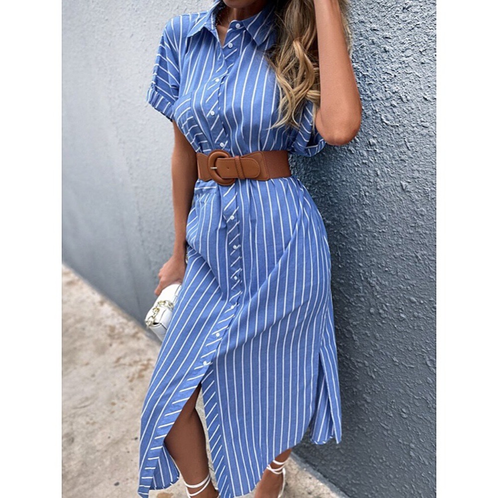 💙 BLUE WHITE STRIPE COLLARD SHIRT MAXI DRESS! - Picture 2 of 11